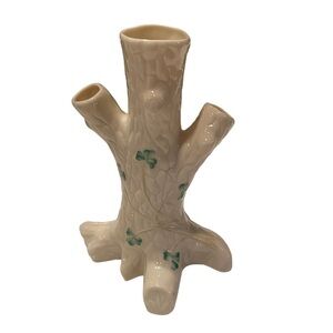Vintage Belleek Ireland Porcelain Shamrock Triple Trunk Tree Shape Bud Vase